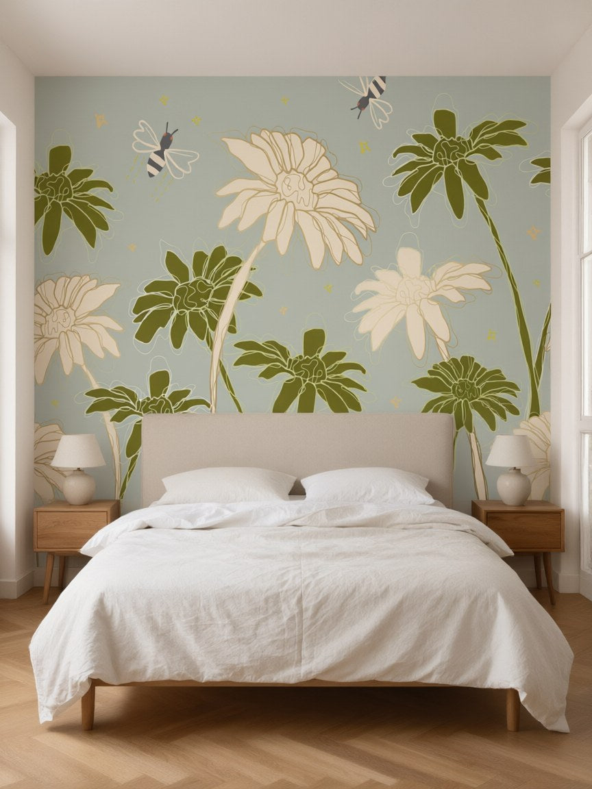 Papier peint panoramique Marguerites et abeilles posé au mur, vue 3