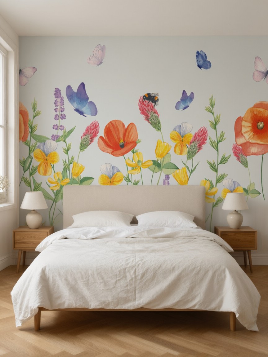 Papier peint panoramique Prairie et papillons posé au mur, vue 3