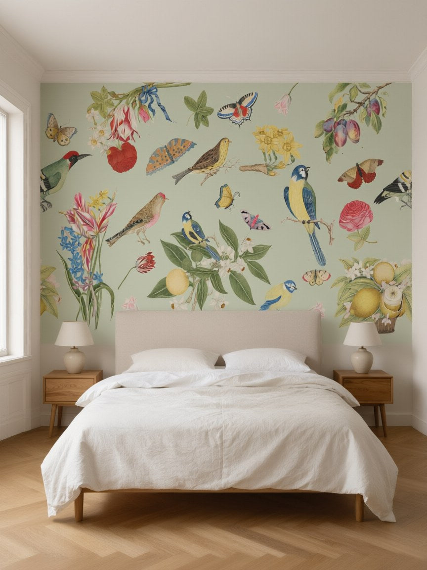 Papier peint panoramique Oiseaux et fruits posé au mur, vue 3