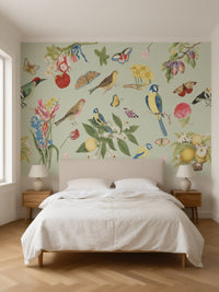 Papier peint panoramique Oiseaux et fruits posé au mur, vue 3
