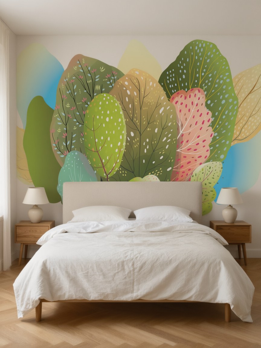 Papier peint panoramique Arbres colorés posé au mur, vue 3