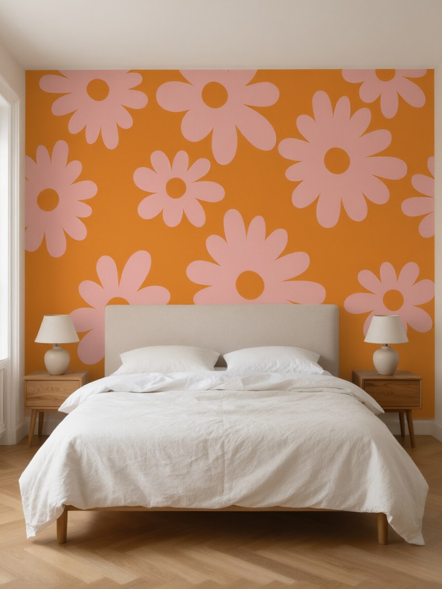 Papier peint panoramique Fleurs rétro posé au mur, vue 3