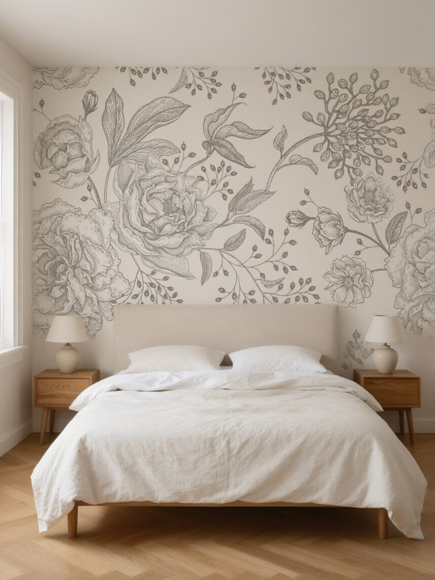 Papier peint panoramique Fleurs gravées posé au mur, vue 3