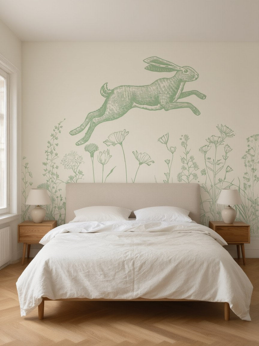 Papier peint panoramique Lièvre et herbes folles posé au mur, vue 3