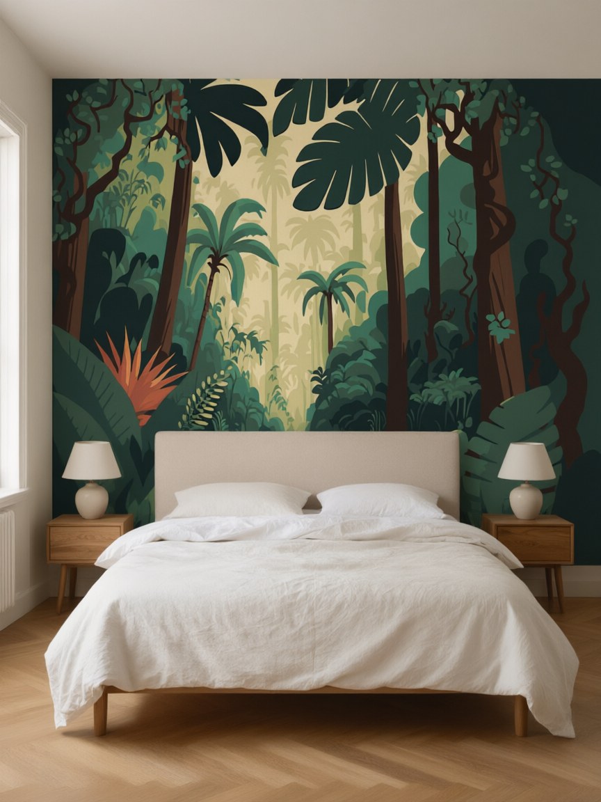 Papier peint panoramique Forêt tropicale posé dans une chambre
