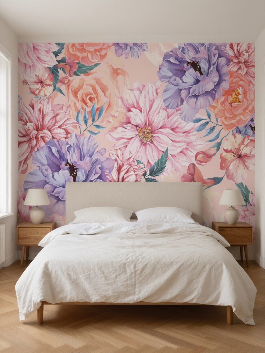 Papier peint panoramique Pivoines aquarelle posé au mur, vue 3