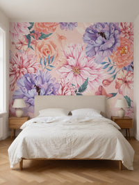 Papier peint panoramique Pivoines aquarelle posé au mur, vue 3