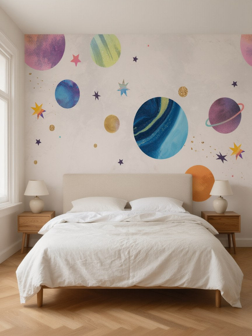 Papier peint panoramique Planètes posé dans une chambre