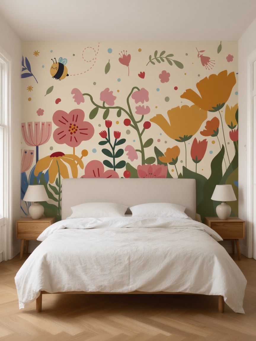 Papier peint panoramique Jardin et abeille posé au mur, vue 3