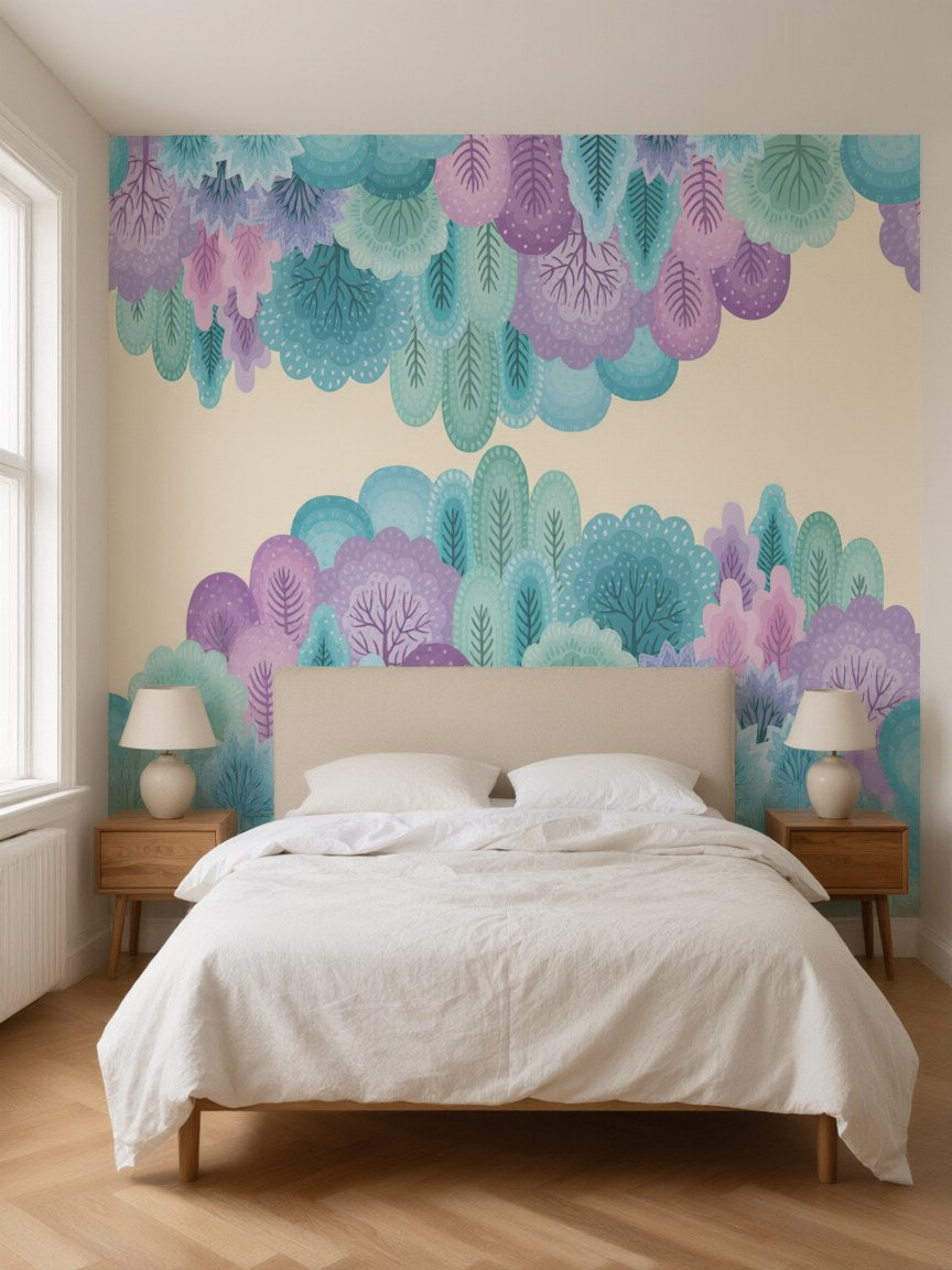 Papier peint panoramique Arbres rêveurs posé au mur, vue 3