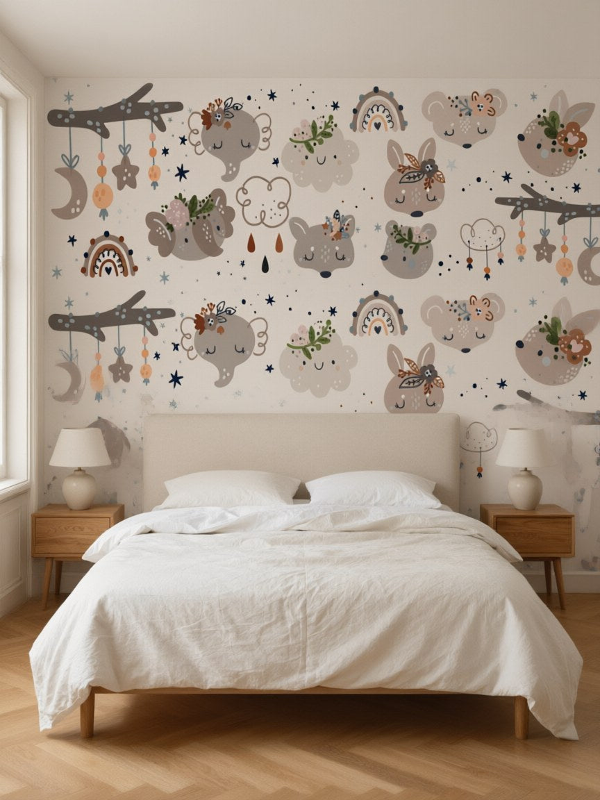 Papier peint panoramique Animaux bohème posé dans une chambre