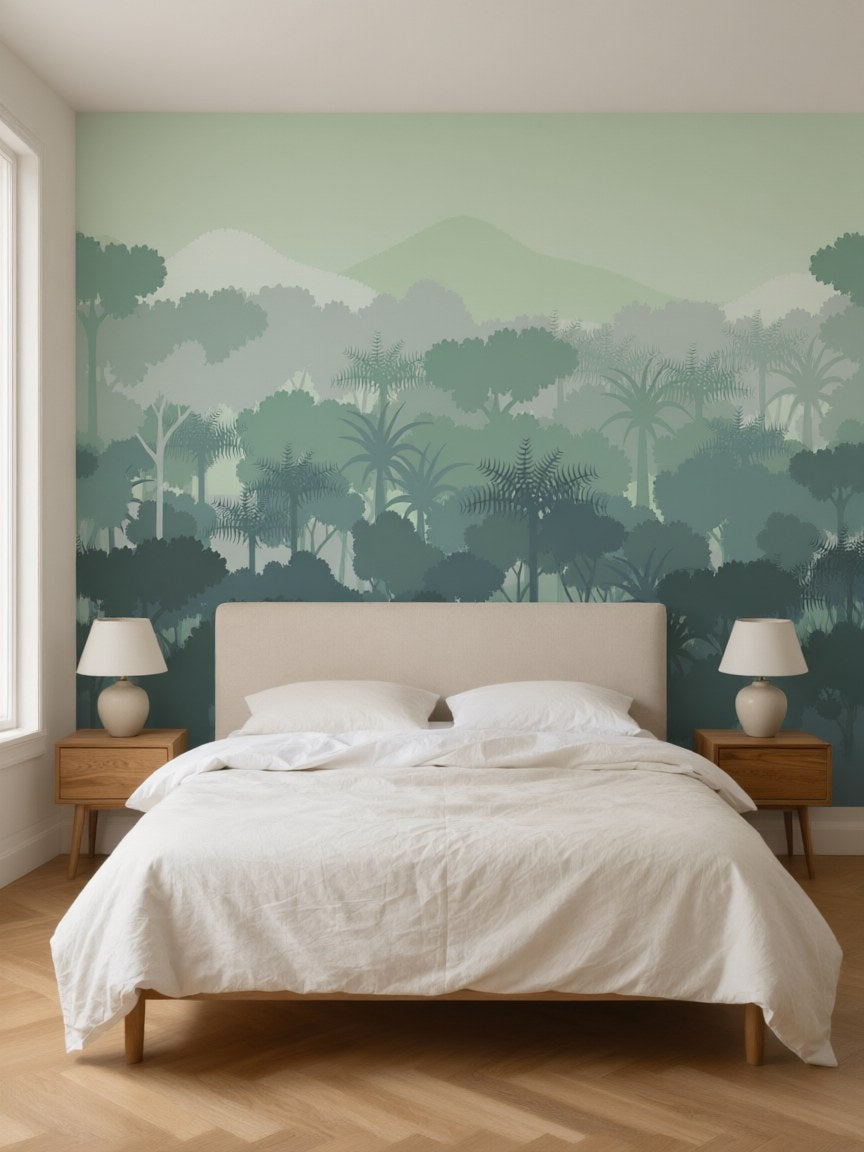 Papier peint panoramique Forêt tropicale dans la brume posé au mur, vue 3