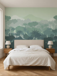 Papier peint panoramique Forêt tropicale dans la brume posé au mur, vue 3