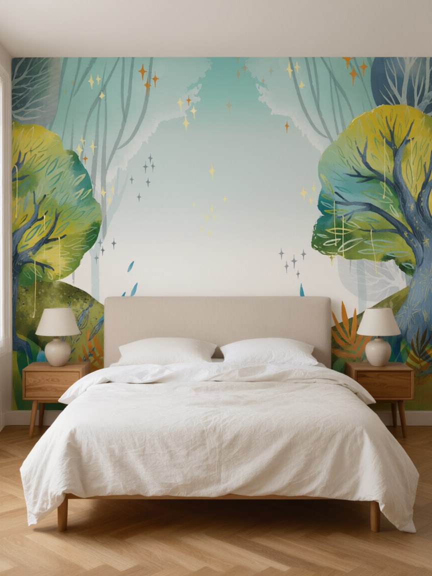 Papier peint panoramique Arbres enchantés posé au mur, vue 3