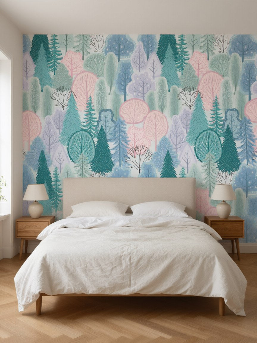 Papier peint panoramique Forêt pastel posé au mur, vue 3