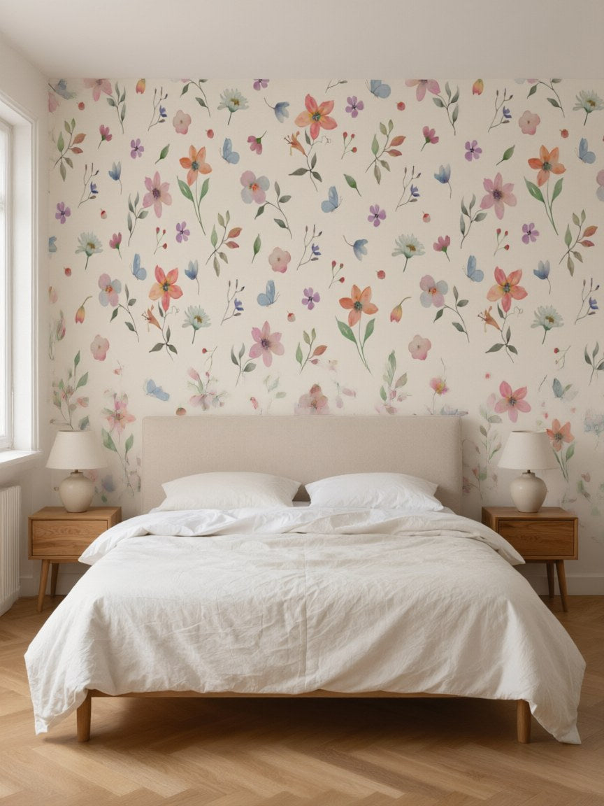 Papier peint panoramique Fleurs et palissade posé au mur, vue 3