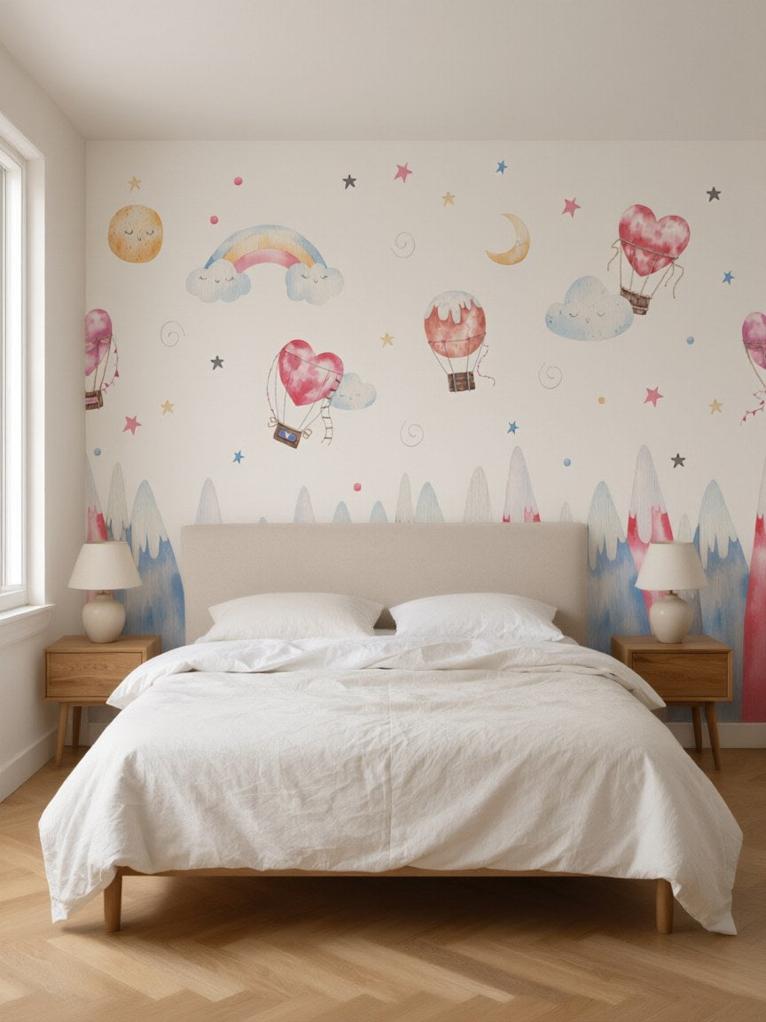 Papier peint panoramique Montgolfières posé au mur, vue 3