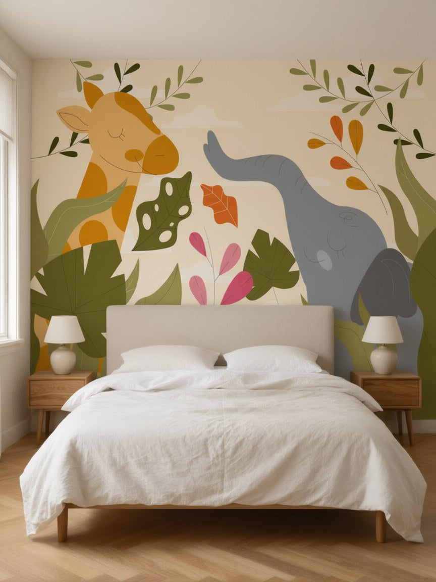 Papier peint panoramique Girafe et éléphant posé dans une chambre