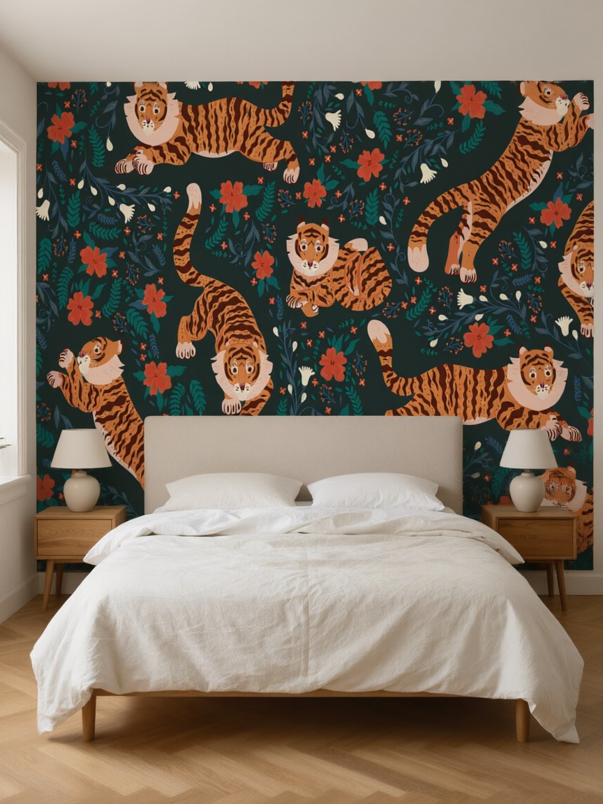 Papier peint panoramique Tigres et fleurs posé au mur, vue 3