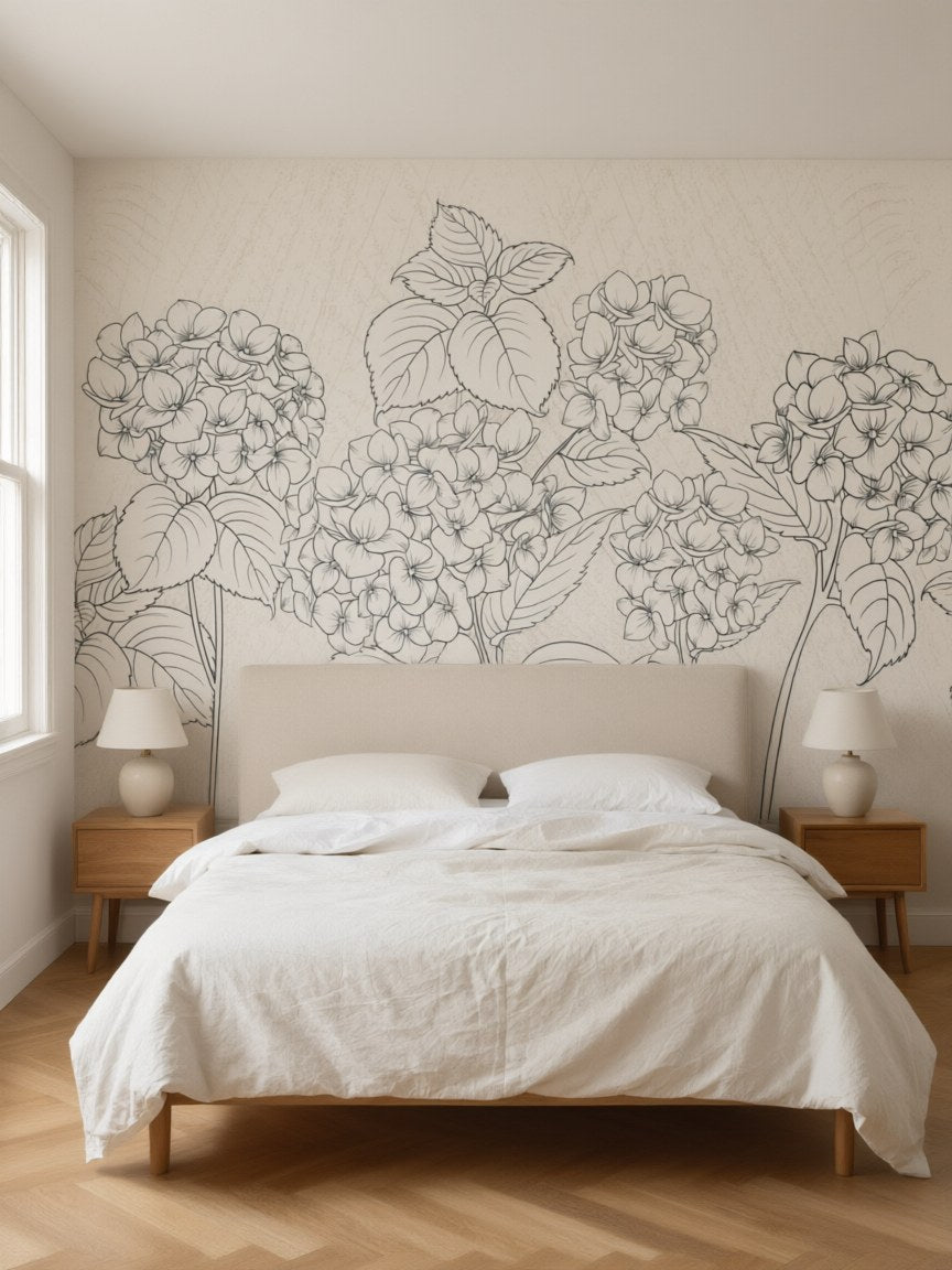 Papier peint panoramique Hortensias au trait posé au mur, vue 3