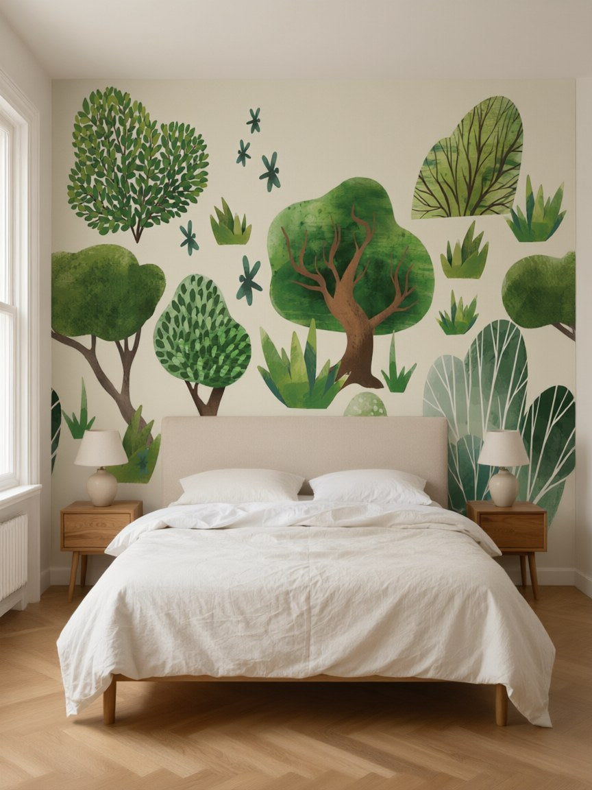 Papier peint panoramique Arbres aquarelle posé au mur, vue 3