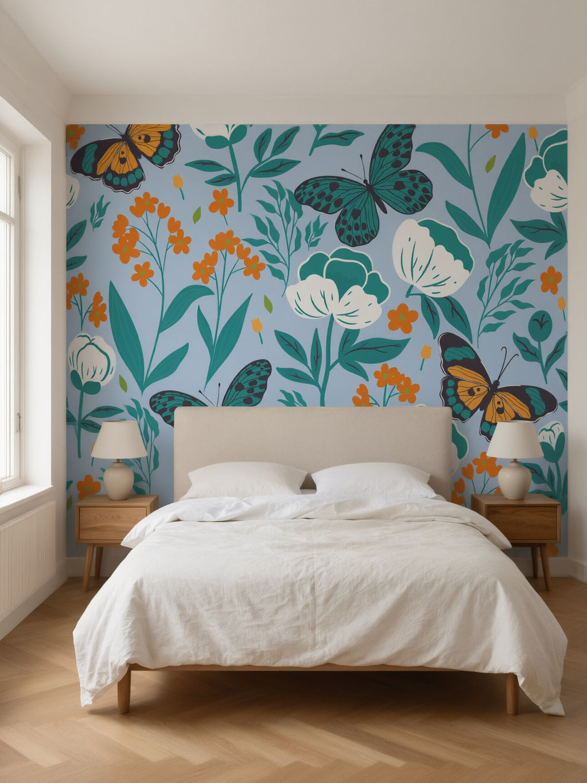 Papier peint panoramique Papillons et fleurs posé au mur, vue 2