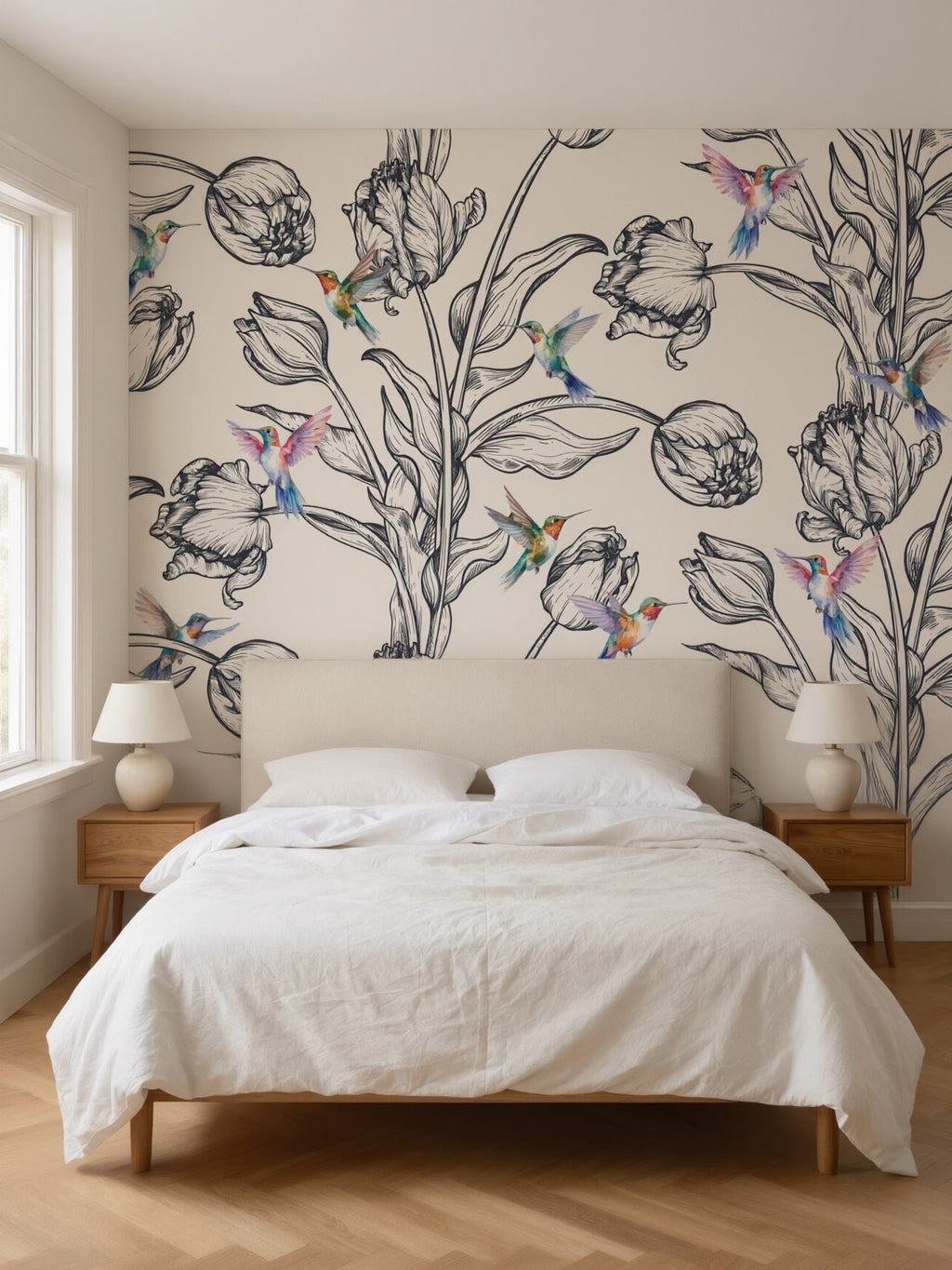 Papier peint panoramique Tulipes et colibris posé au mur, vue 2