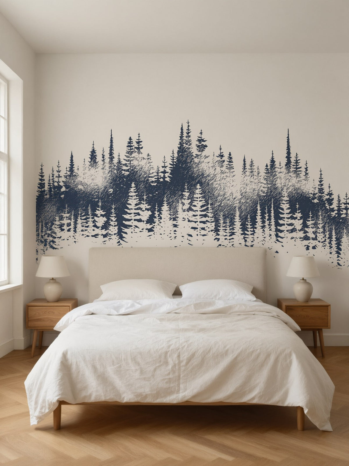 Papier peint panoramique Sapins à l’encre posé au mur, vue 2