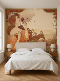 Papier peint panoramique Dame aux roses Art nouveau posé dans une chambre