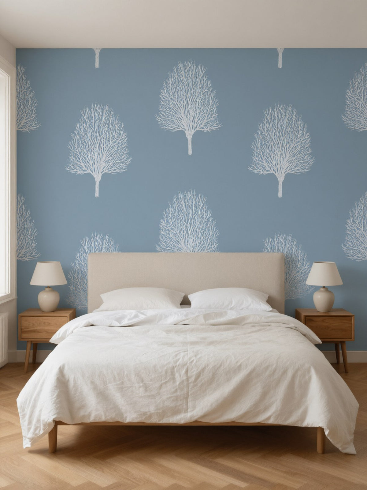 Papier peint panoramique Arbres blancs posé au mur, vue 2