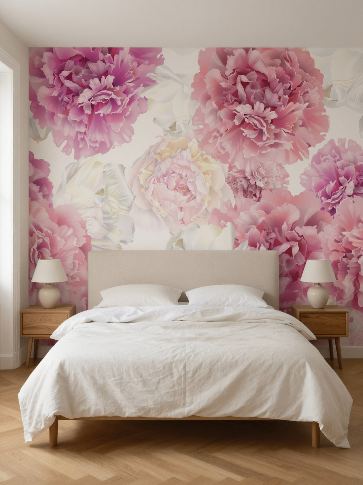 Papier peint panoramique Pivoines posé au mur, vue 2