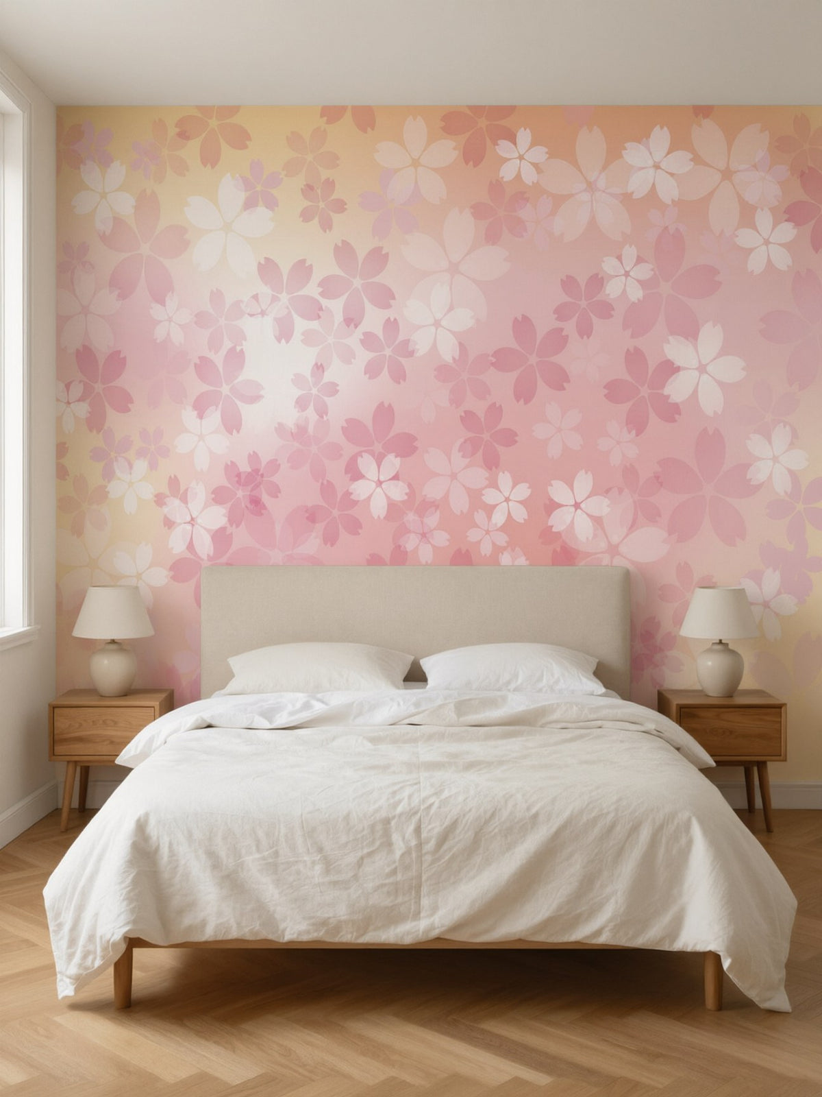 Papier peint panoramique Fleurs roses aquarelle posé au mur, vue 2