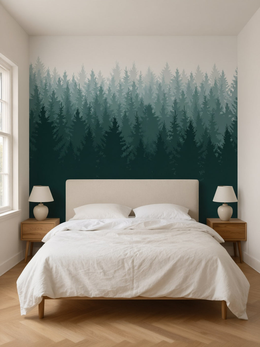 Papier peint panoramique Sapins dans la brume posé au mur, vue 2