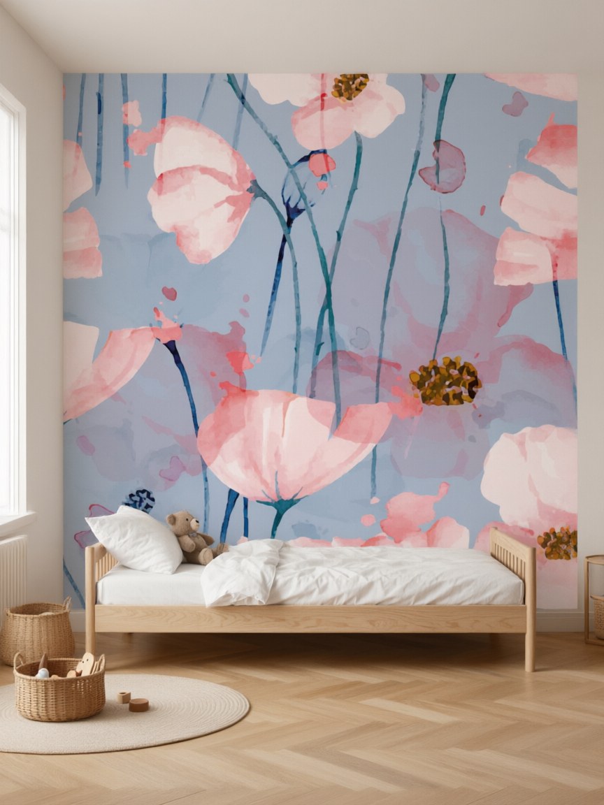 Papier peint panoramique aquarelle sur fond bleu posé dans une chambre d'enfant