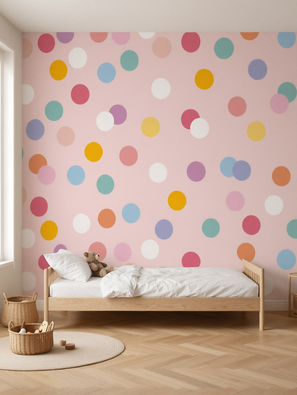 Papier peint panoramique Pois pastel posé au mur, vue 2