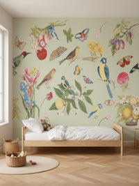 Papier peint panoramique Oiseaux et fruits posé au mur, vue 2