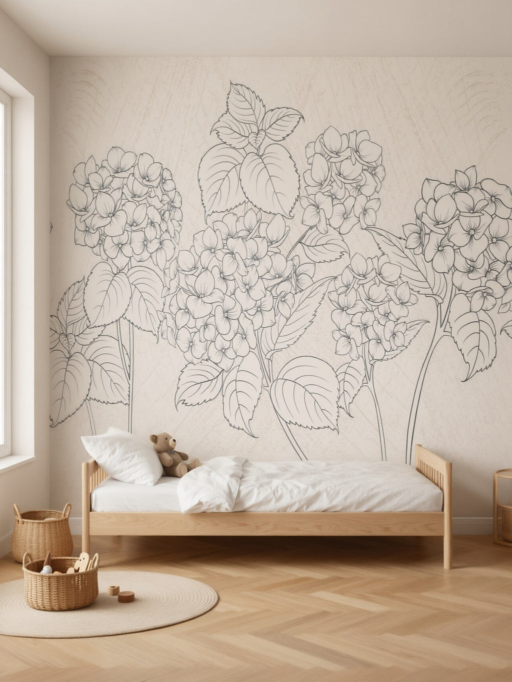 Papier peint panoramique Hortensias au trait posé au mur, vue 2