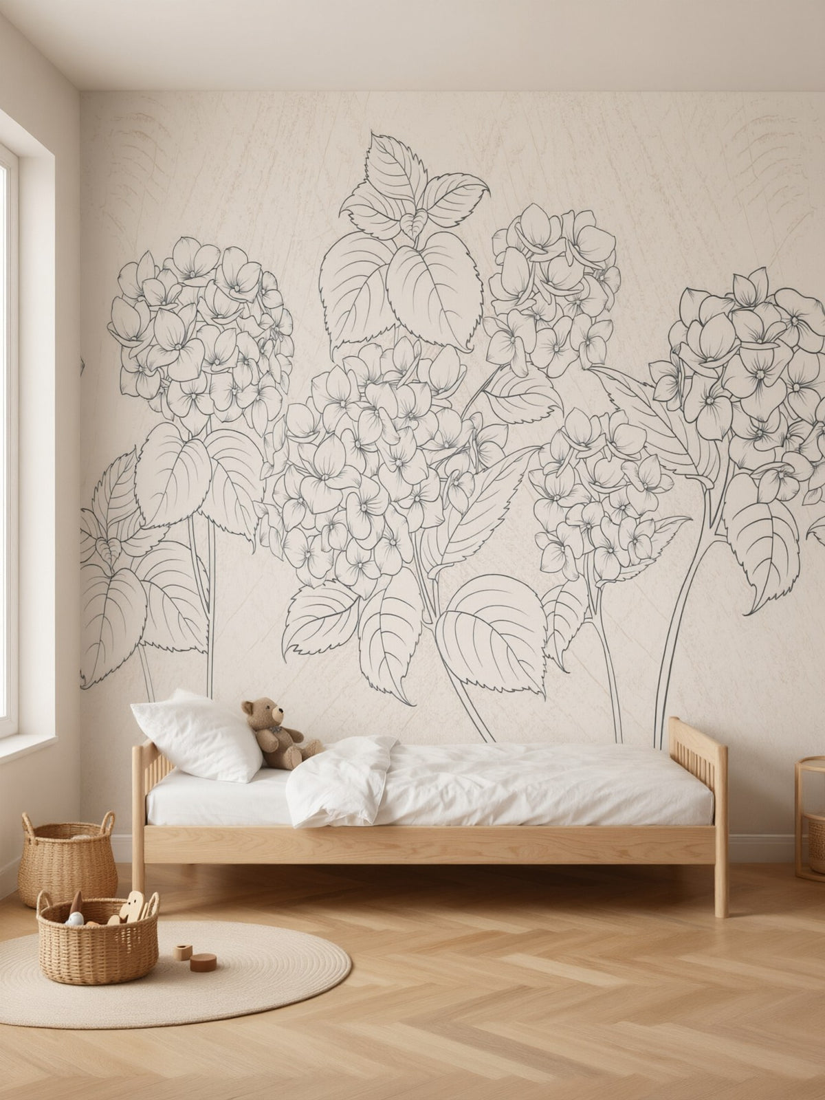 Papier peint panoramique Hortensias au trait posé au mur, vue 2