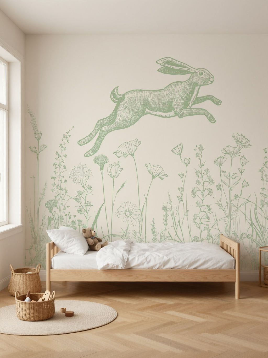 Papier peint panoramique Lièvre et herbes folles posé au mur, vue 2