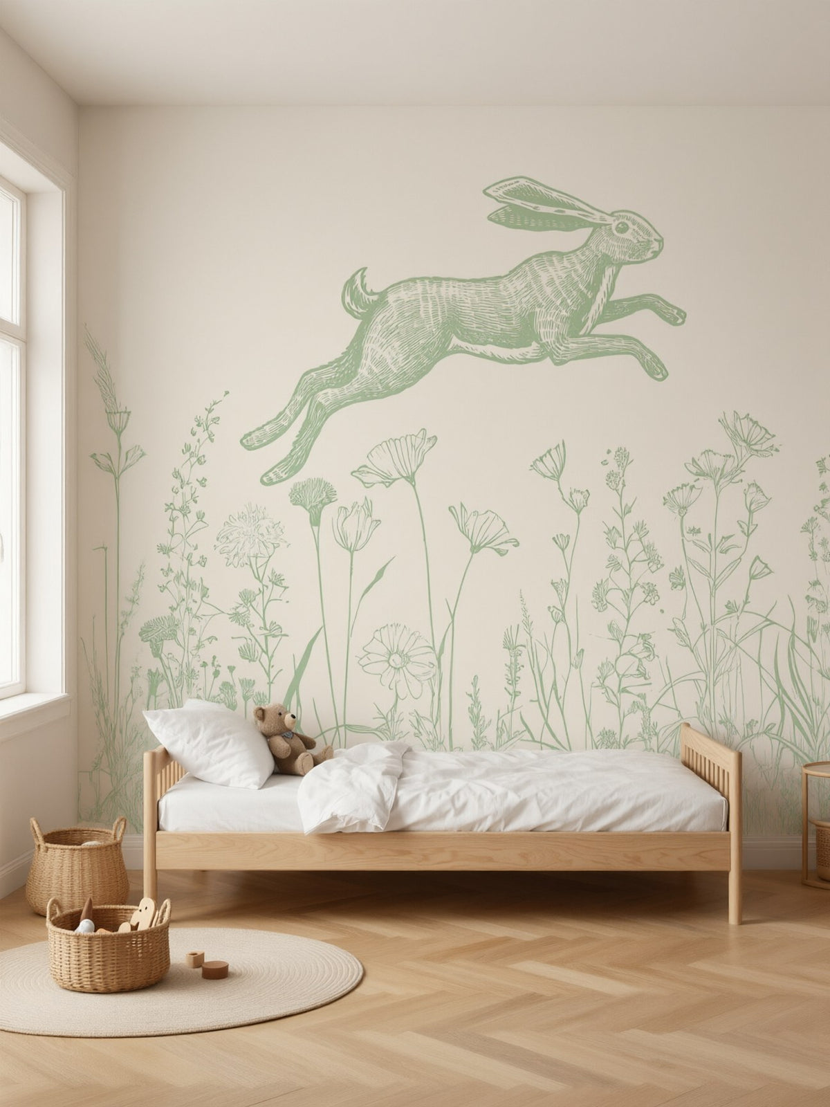 Papier peint panoramique Lièvre et herbes folles posé au mur, vue 2