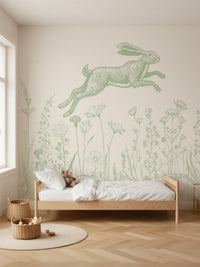 Papier peint panoramique Lièvre et herbes folles posé au mur, vue 2