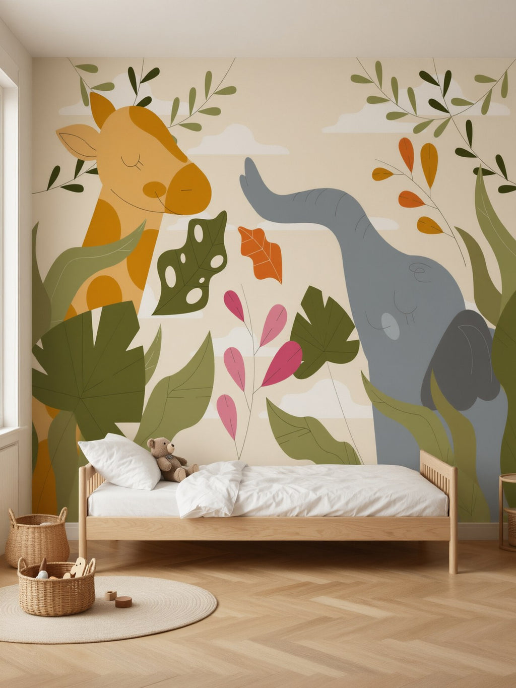 Papier peint panoramique Girafe et éléphant posé dans une chambre d'enfant