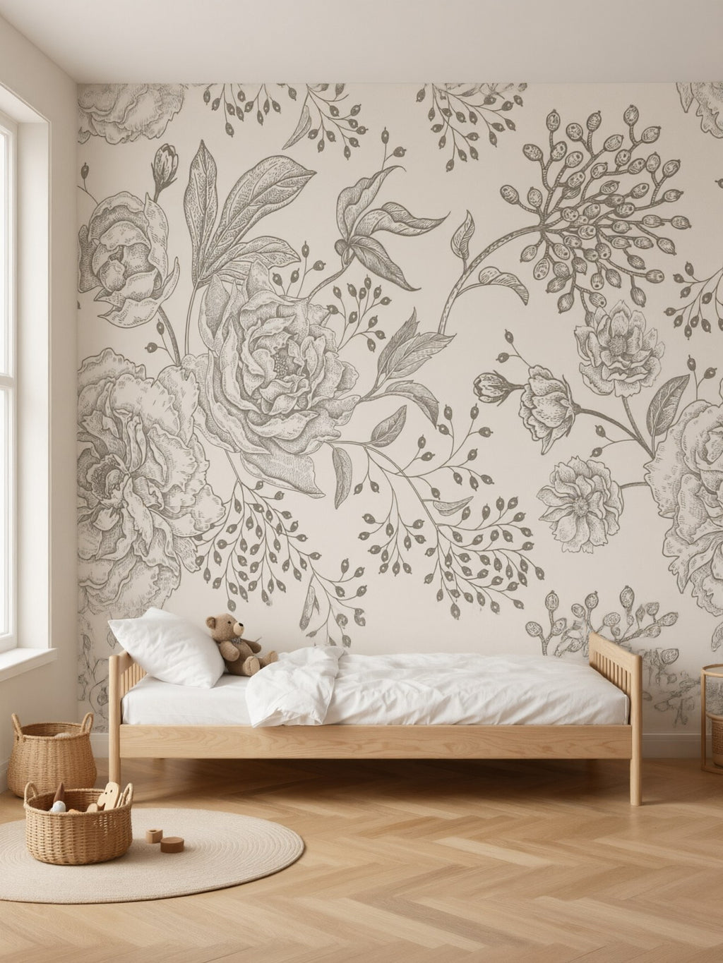 Papier peint panoramique Fleurs gravées posé au mur, vue 2