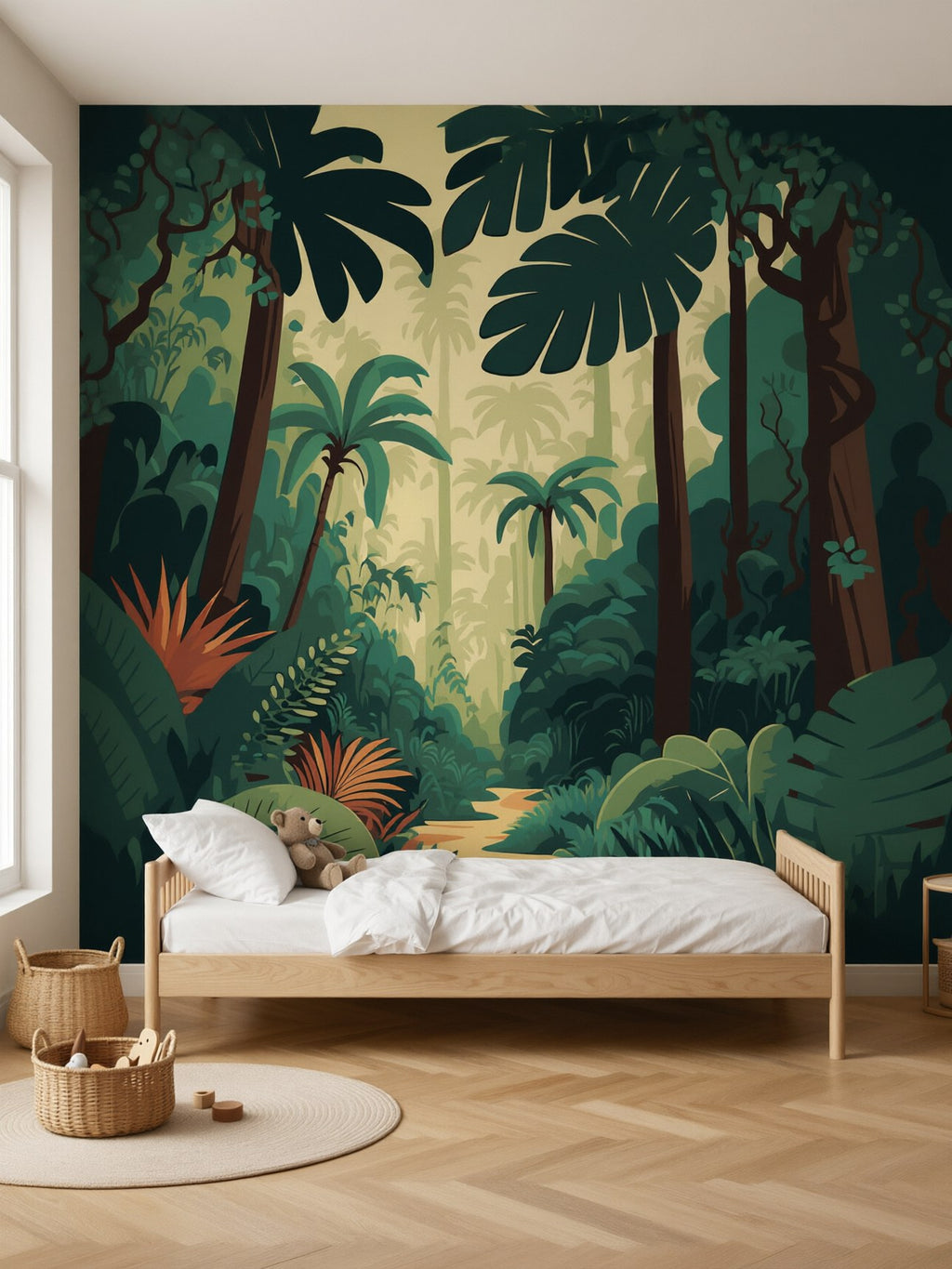 Papier peint panoramique Forêt tropicale posé dans une chambre d'enfant