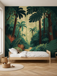 Papier peint panoramique Forêt tropicale posé dans une chambre d'enfant