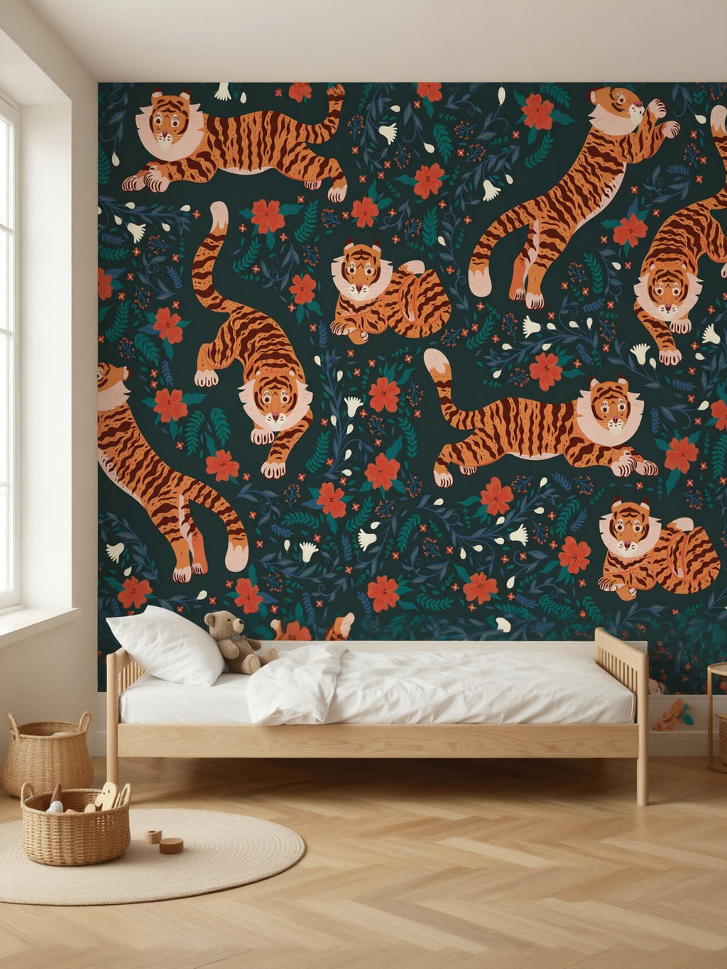 Papier peint panoramique Tigres et fleurs posé au mur, vue 2