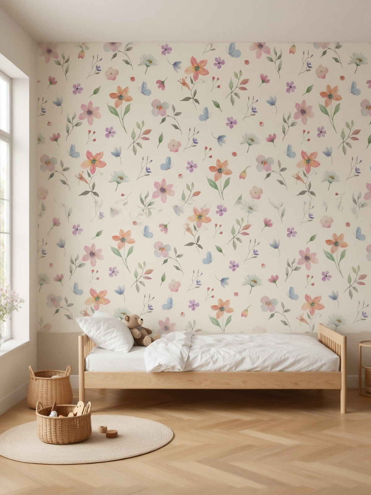 Papier peint panoramique Fleurs et palissade posé au mur, vue 2