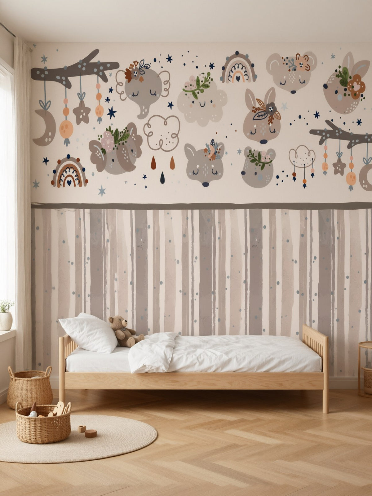Papier peint panoramique Animaux bohème posé dans une chambre d'enfant