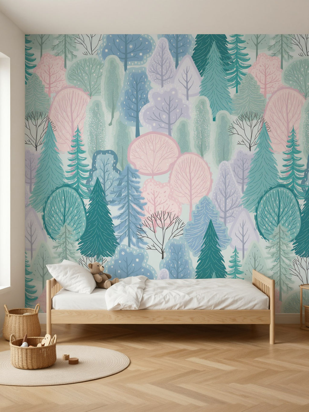Papier peint panoramique Forêt pastel posé au mur, vue 2