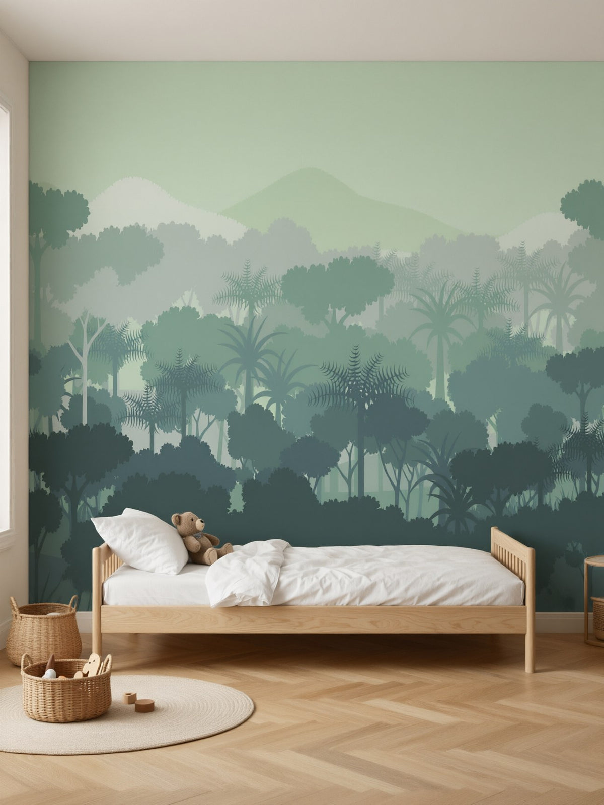 Papier peint panoramique Forêt tropicale dans la brume posé au mur, vue 2